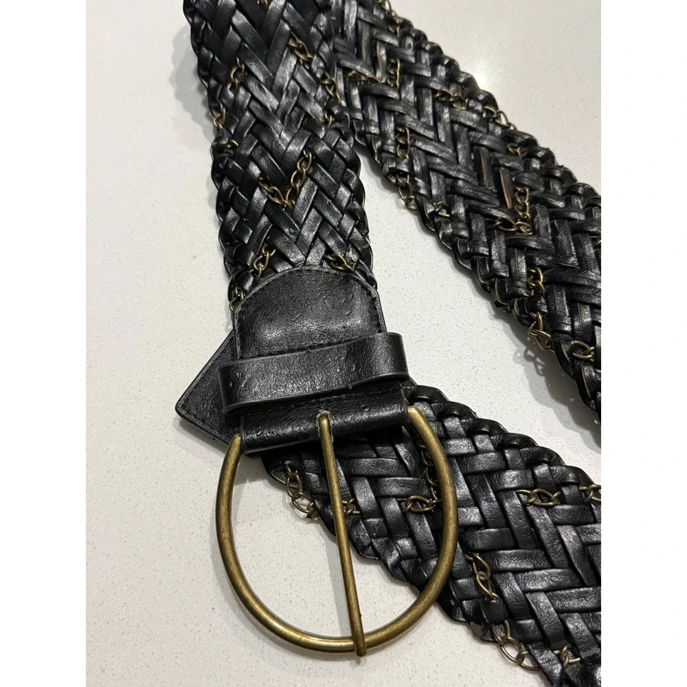 Black Braided Leather Chain Interlaced Wide Belt Antique Brass Circle Buckle
